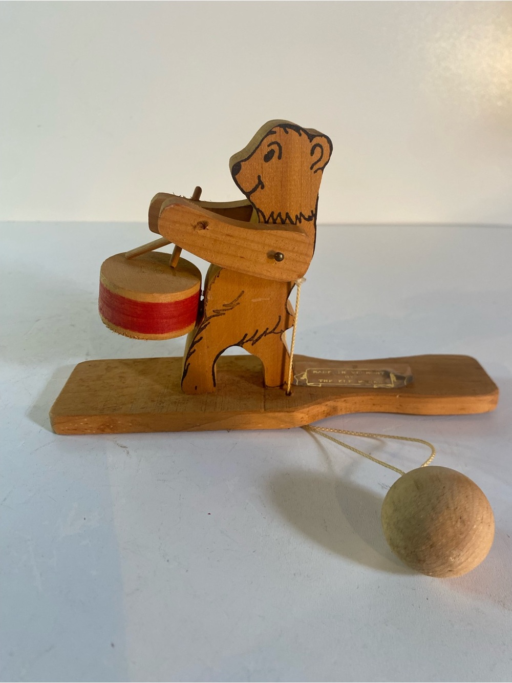 Vintage Elf Works Vermont Handcrafted Folk Art Wooden Bear With Drum Pull Toy